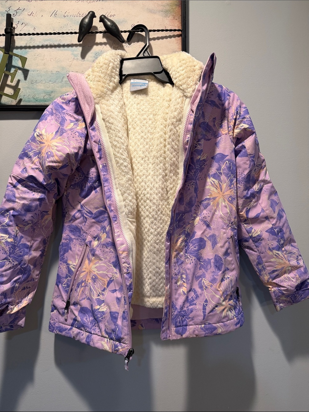 Columbia Lavender Floral Kids Puffer Jacket with Cream Sherpa Lining